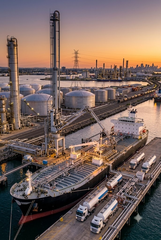 Industrial refinery, storage tanks, and fuel transport terminal